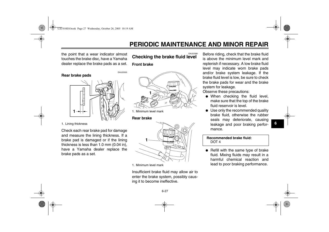 Checking the brake fluid level -27, Periodic maintenance and minor repair | Yamaha YZFR6V(C) User Manual | Page 77 / 116