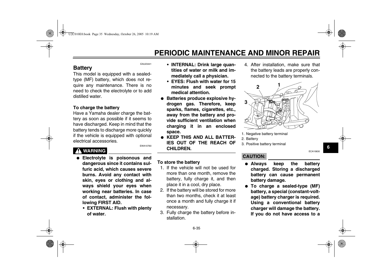 Battery, Battery -35, Periodic maintenance and minor repair | Yamaha YZFR6V(C) User Manual | Page 85 / 116