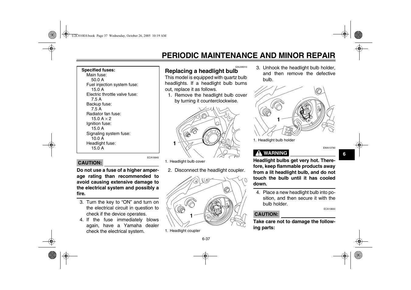 Replacing a headlight bulb, Replacing a headlight bulb -37, Periodic maintenance and minor repair | Yamaha YZFR6V(C) User Manual | Page 87 / 116