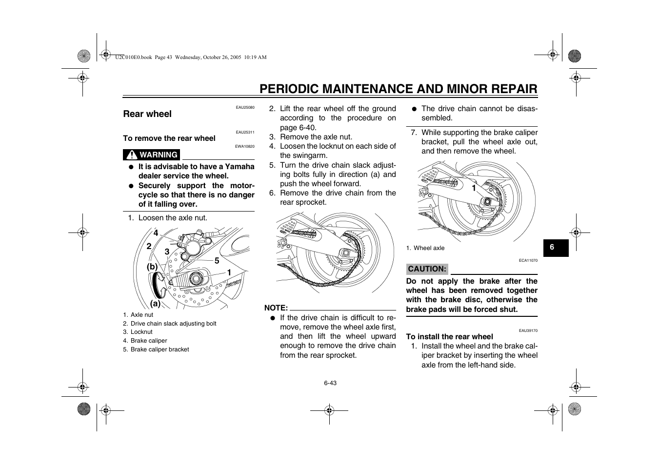 Rear wheel, Rear wheel -43, Periodic maintenance and minor repair | Yamaha YZFR6V(C) User Manual | Page 93 / 116