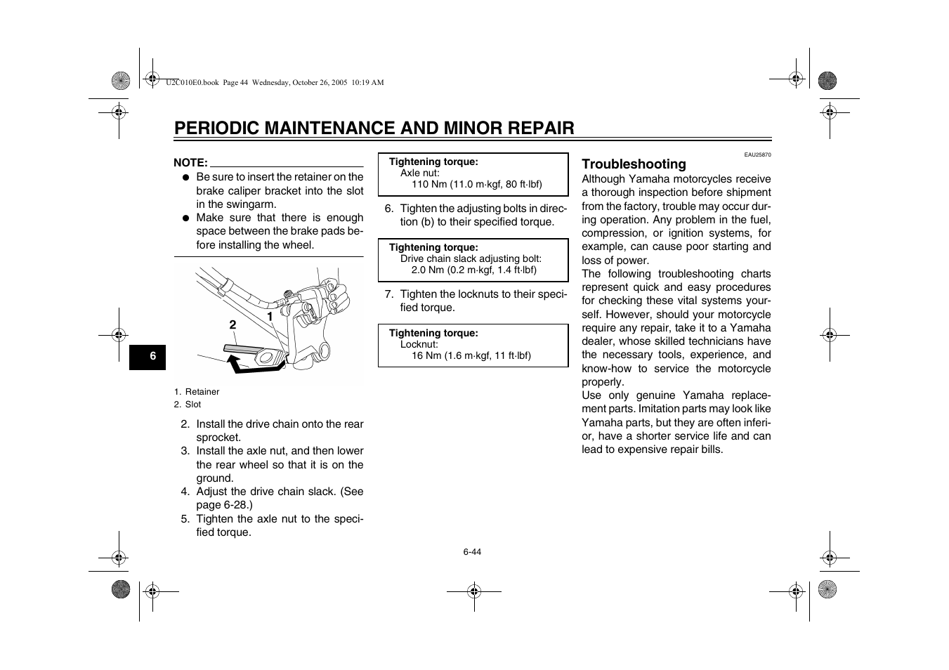 Troubleshooting, Troubleshooting -44, Periodic maintenance and minor repair | Yamaha YZFR6V(C) User Manual | Page 94 / 116