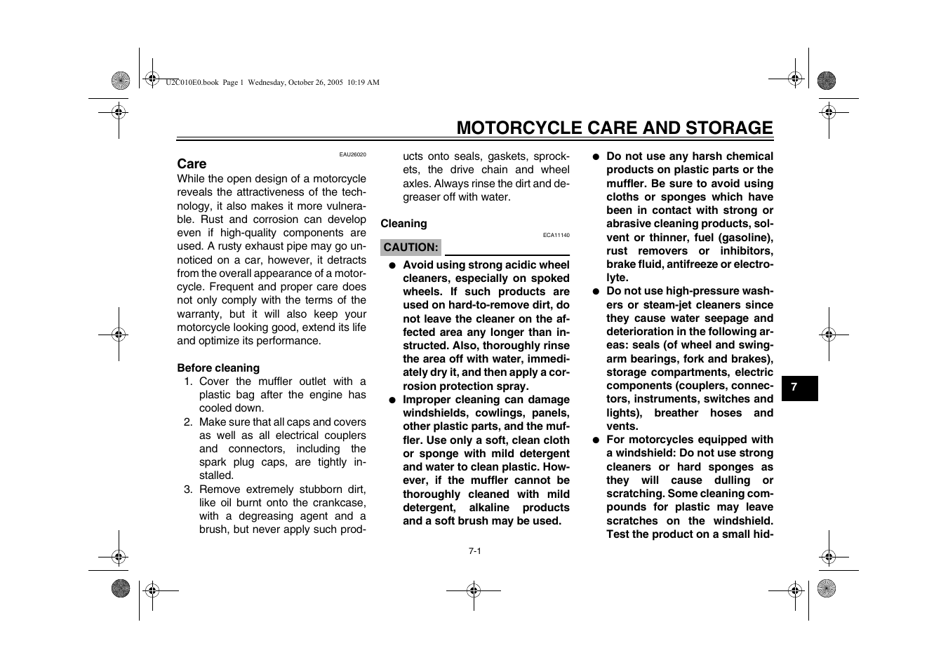 Motorcycle care and storage, Care, Care -1 | Yamaha YZFR6V(C) User Manual | Page 97 / 116