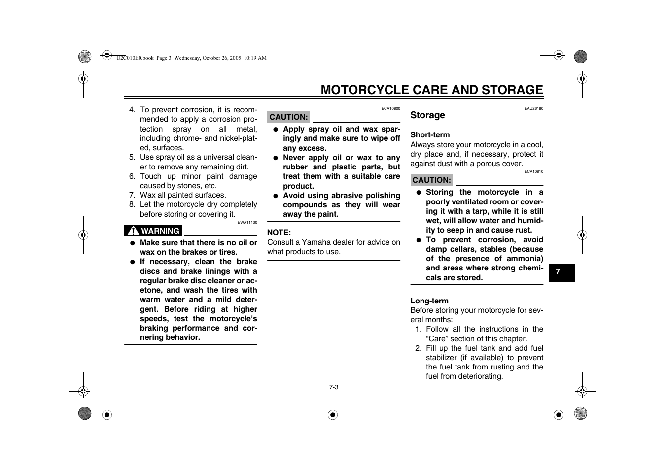 Storage, Storage -3, Motorcycle care and storage | Yamaha YZFR6V(C) User Manual | Page 99 / 116