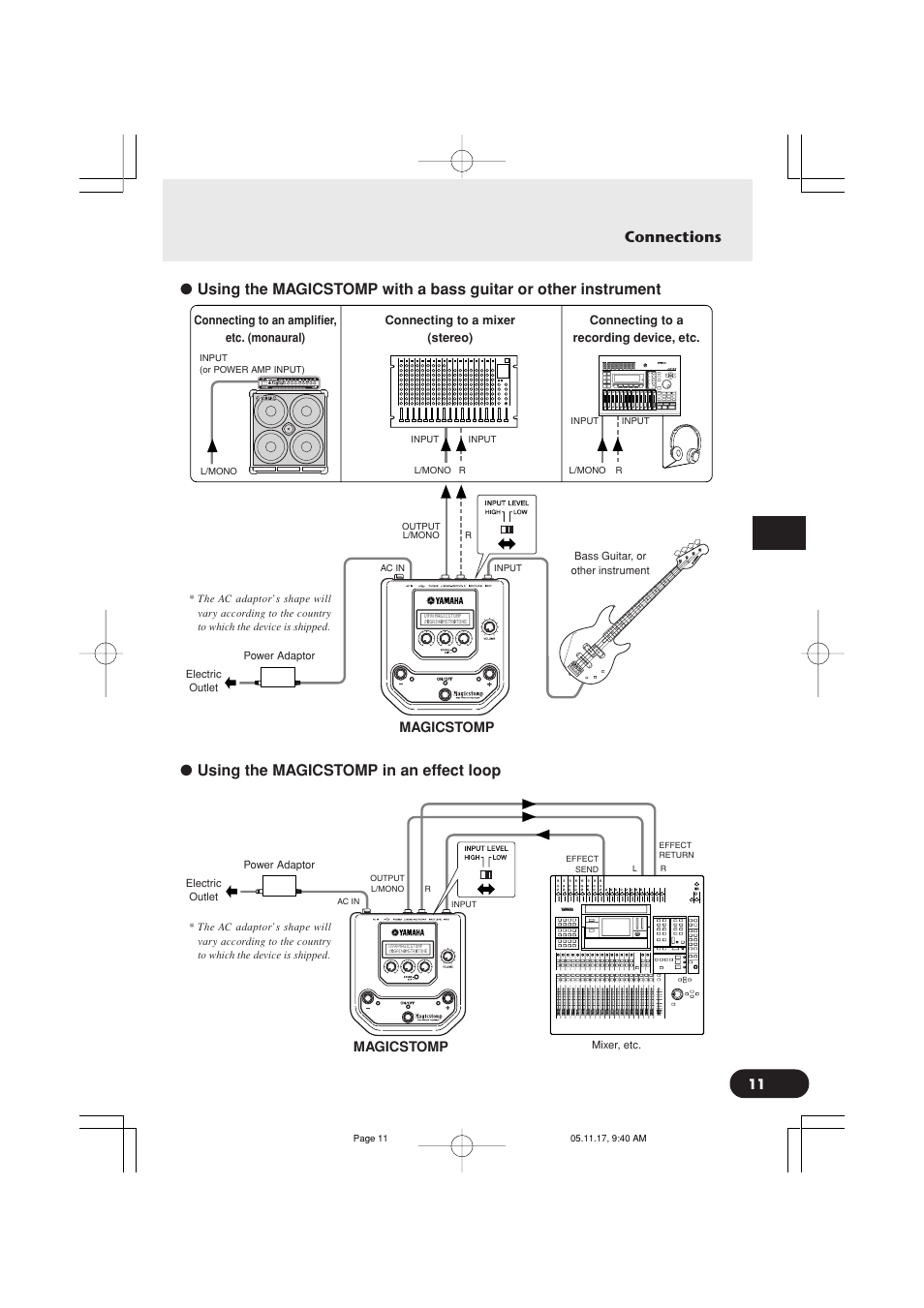 Magicstomp, Connecting to an amplifier, etc. (monaural) | Yamaha Magicstomp BASS EFFECTS PROCESSOR User Manual | Page 11 / 35