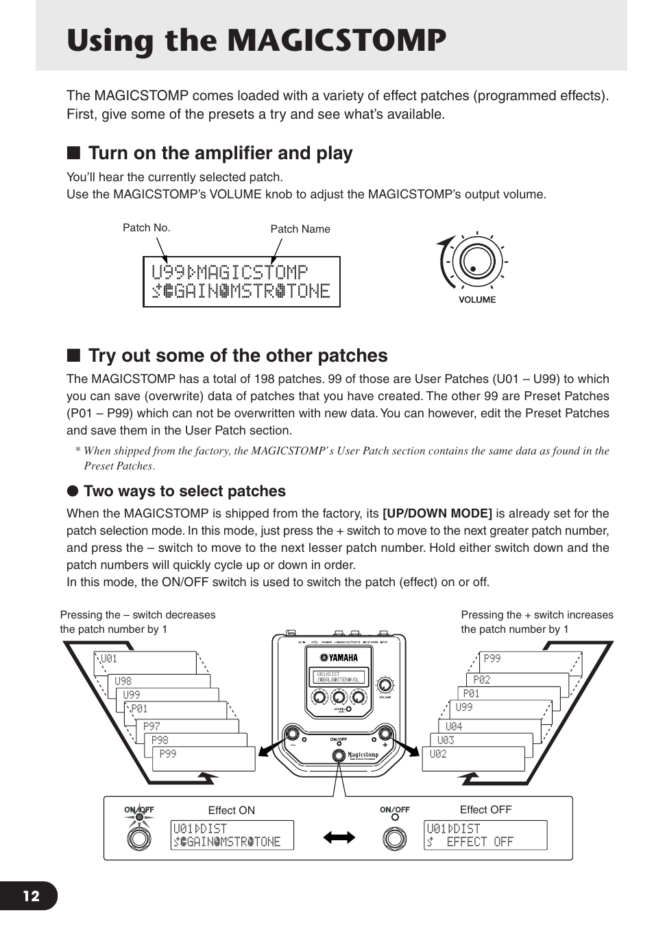 Using the magicstomp, Turn on the amplifier and play, Try out some of the other patches | U99¤magicstomp ó‡gainﬁmstrátone, Two ways to select patches | Yamaha Magicstomp BASS EFFECTS PROCESSOR User Manual | Page 12 / 35