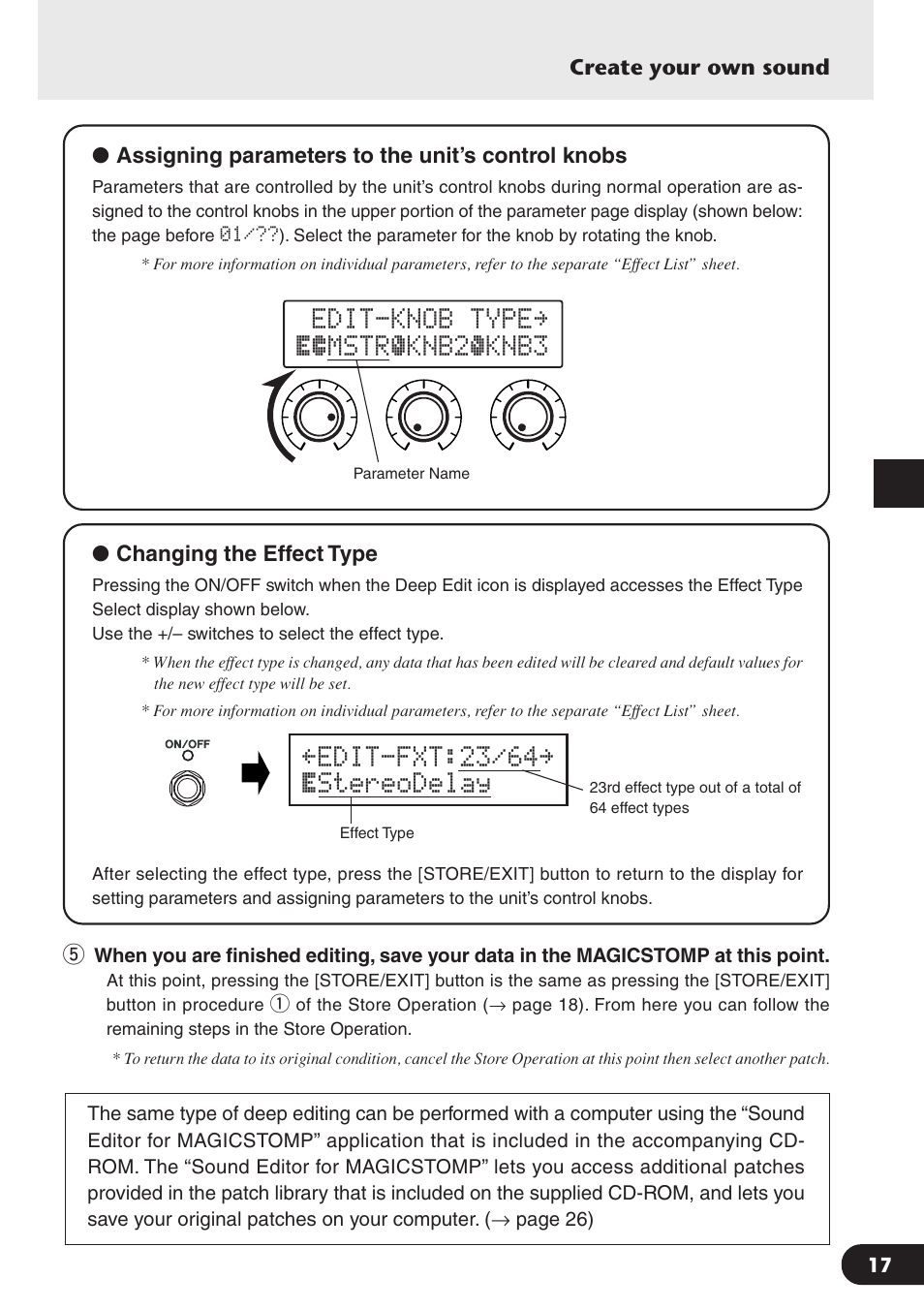 0edit-knob 0 typeÿ ø‡mstrﬁknb2áknb3, Ÿedit-fxt:23/64ÿ østereodelay | Yamaha Magicstomp BASS EFFECTS PROCESSOR User Manual | Page 17 / 35