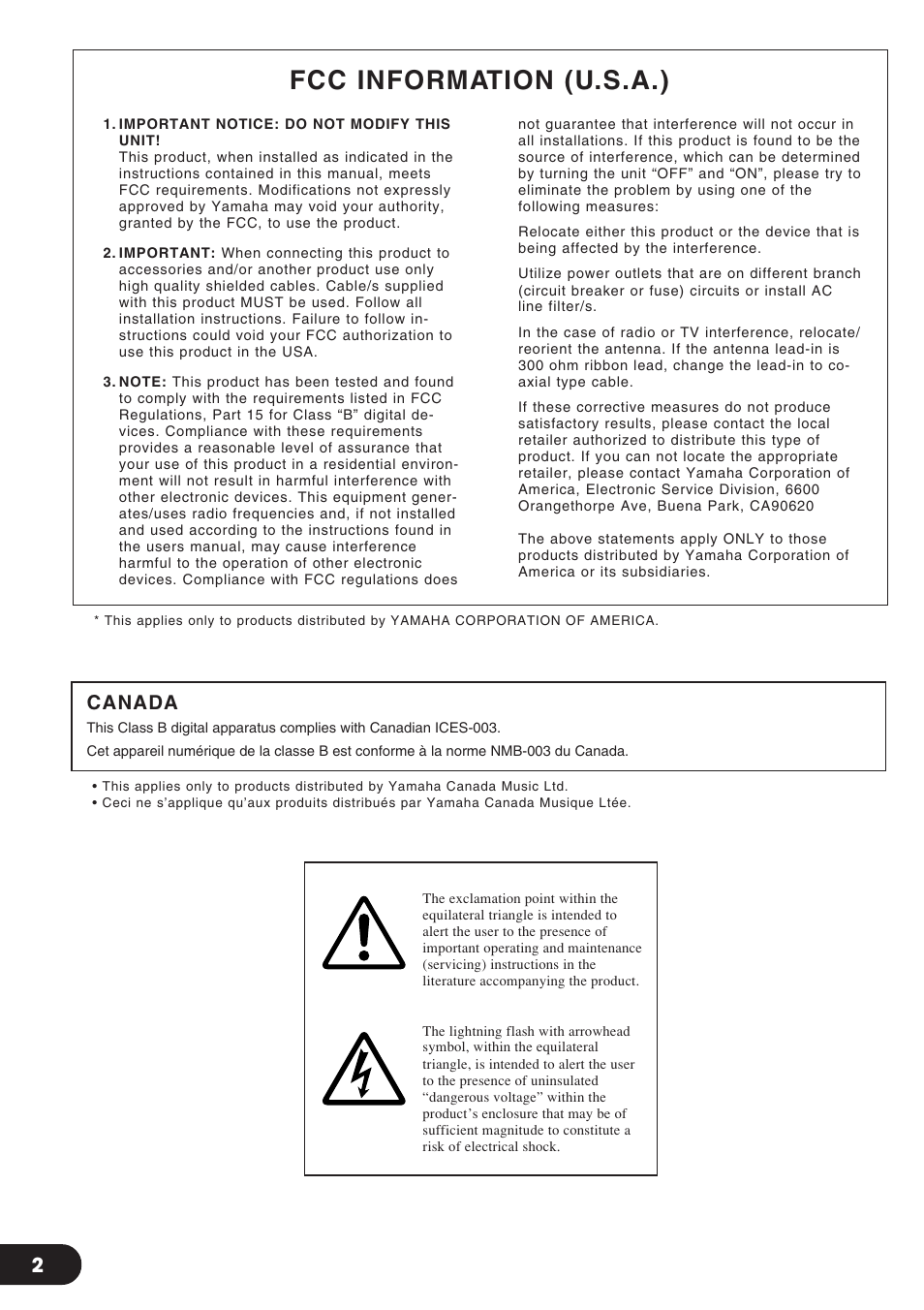 Fcc information (u.s.a.), Canada | Yamaha Magicstomp BASS EFFECTS PROCESSOR User Manual | Page 2 / 35