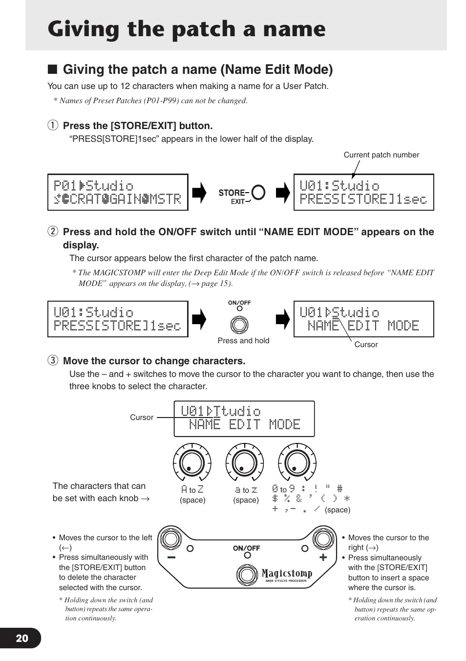 Giving the patch a name, Giving the patch a name (name edit mode), U01¤ttudio name edit mode | Yamaha Magicstomp BASS EFFECTS PROCESSOR User Manual | Page 20 / 35