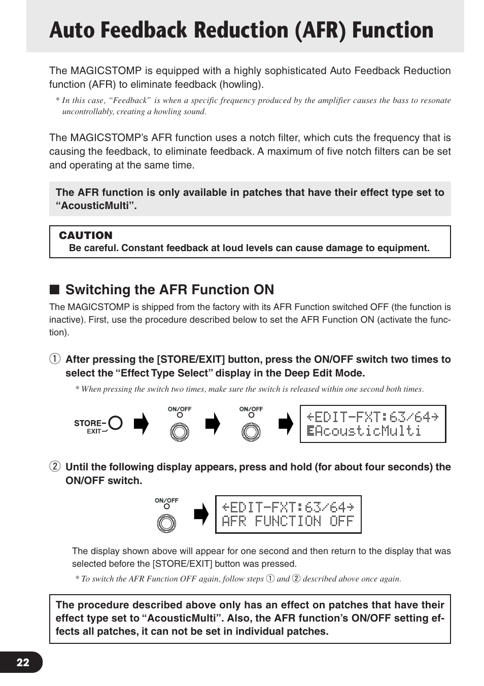 Auto feedback reduction (afr) function, Switching the afr function on | Yamaha Magicstomp BASS EFFECTS PROCESSOR User Manual | Page 22 / 35