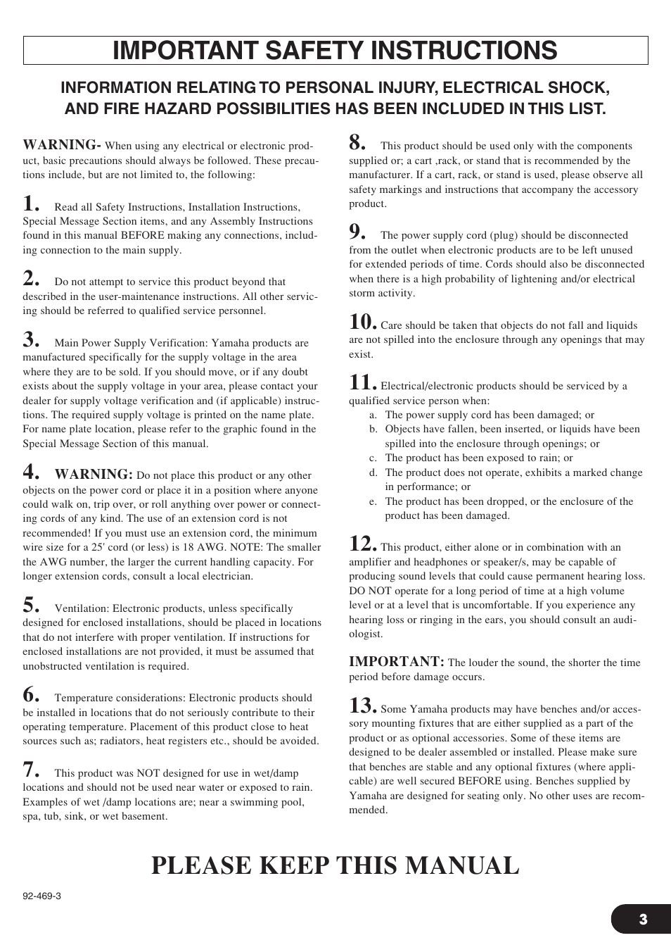 Important safety instructions, Please keep this manual | Yamaha Magicstomp BASS EFFECTS PROCESSOR User Manual | Page 3 / 35