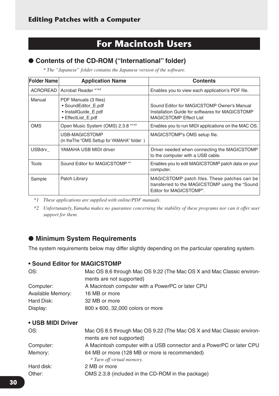 For macintosh users, Contents of the cd-rom (“international” folder), Editing patches with a computer | Minimum system requirements | Yamaha Magicstomp BASS EFFECTS PROCESSOR User Manual | Page 30 / 35