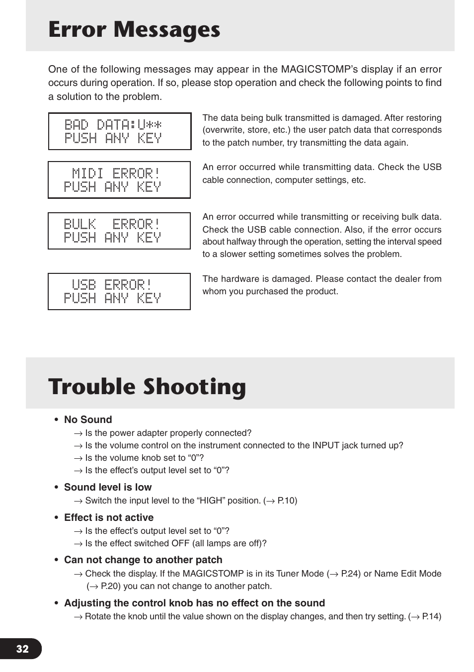 Error messages, Trouble shooting, Error messages trouble shooting | Yamaha Magicstomp BASS EFFECTS PROCESSOR User Manual | Page 32 / 35