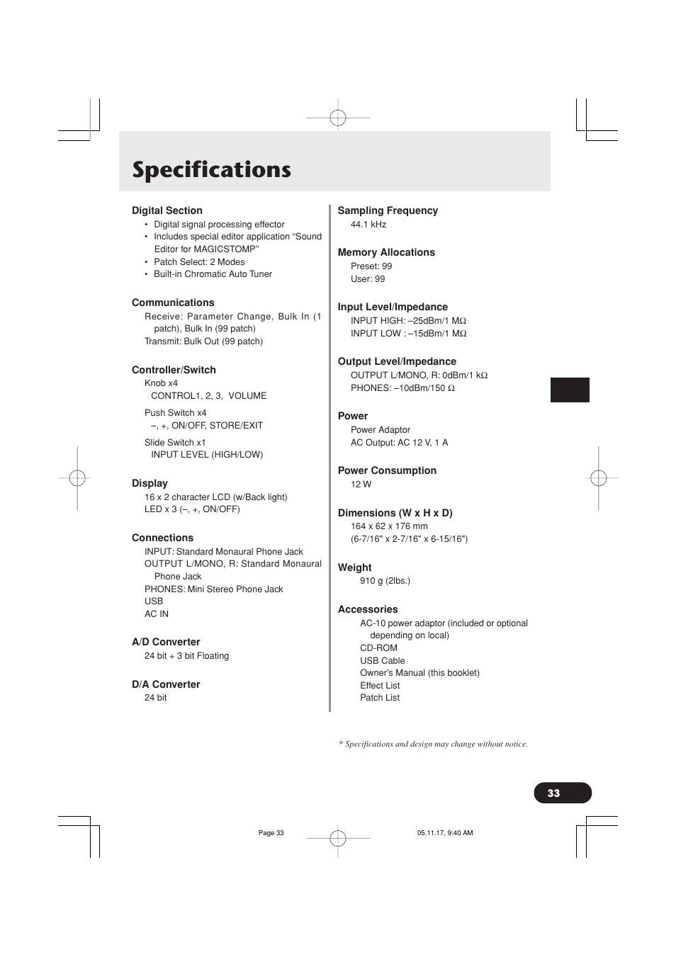 Specifications | Yamaha Magicstomp BASS EFFECTS PROCESSOR User Manual | Page 33 / 35