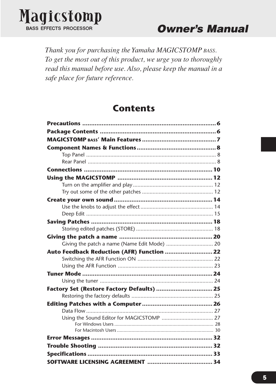 Yamaha Magicstomp BASS EFFECTS PROCESSOR User Manual | Page 5 / 35