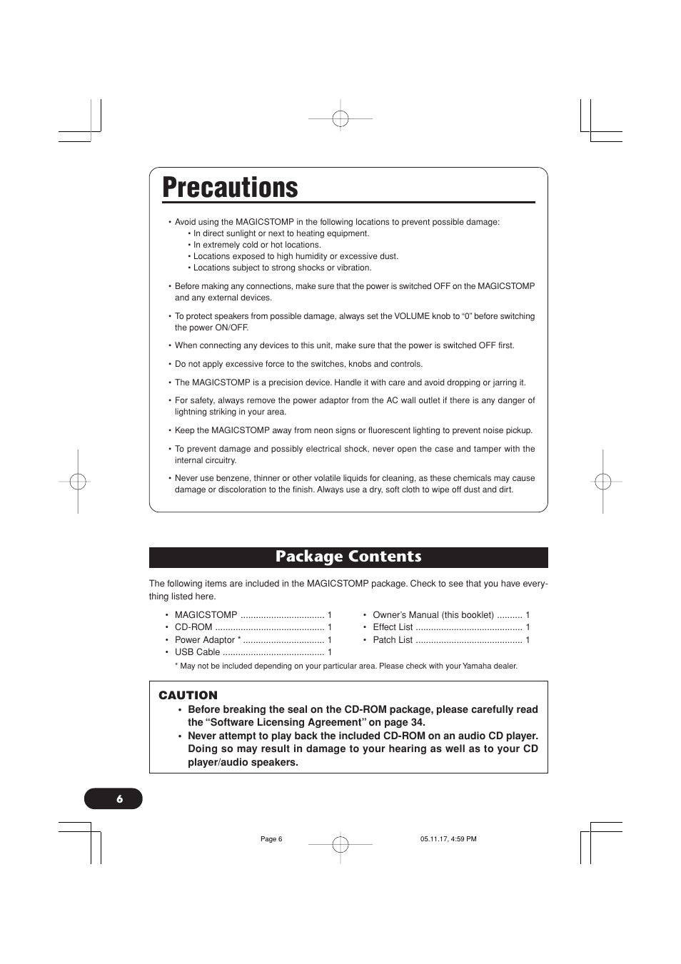Precautions, Package contents, Precautions package contents | Yamaha Magicstomp BASS EFFECTS PROCESSOR User Manual | Page 6 / 35