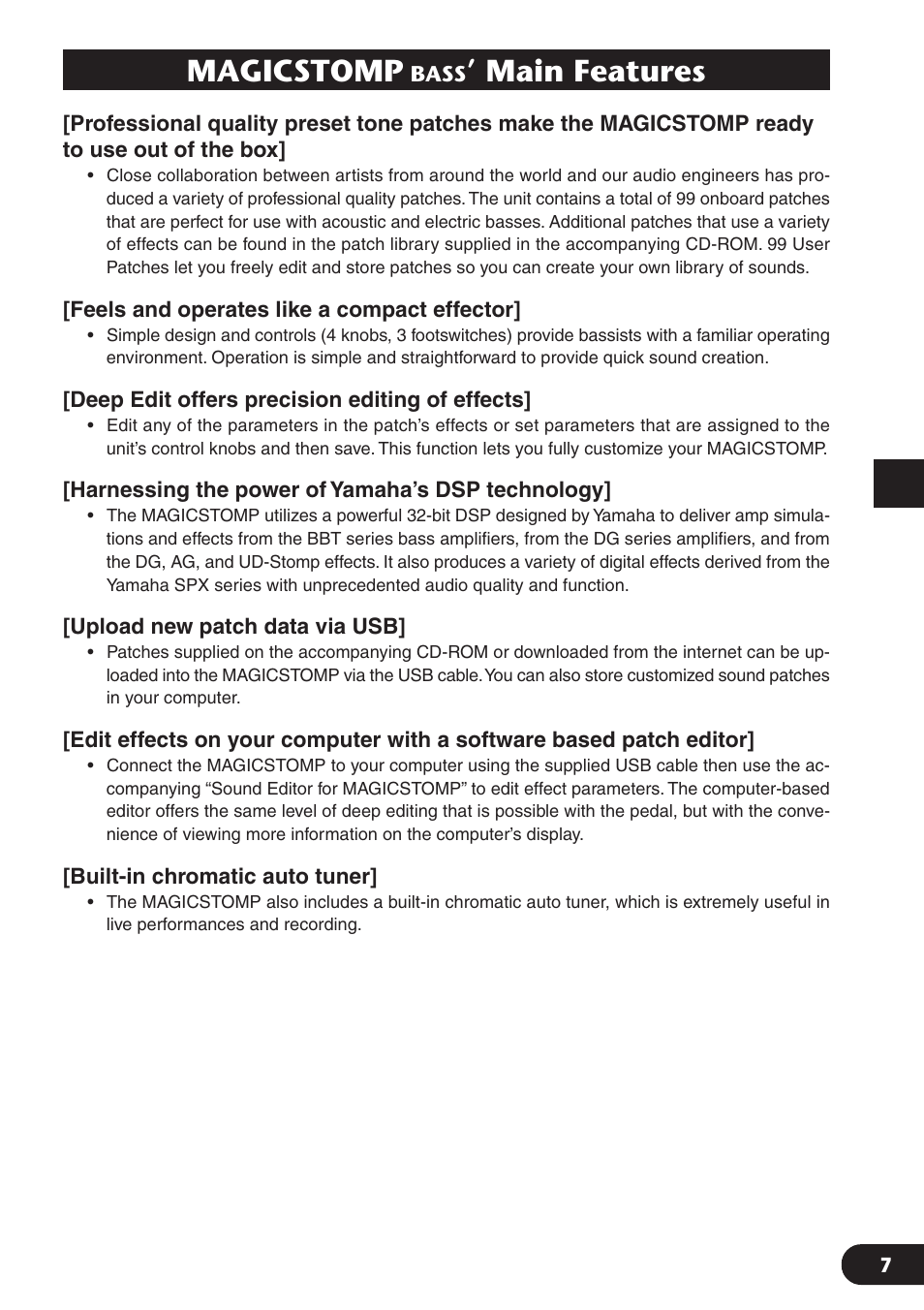 Magicstomp bass' main features, Magicstomp, Bass | Main features | Yamaha Magicstomp BASS EFFECTS PROCESSOR User Manual | Page 7 / 35