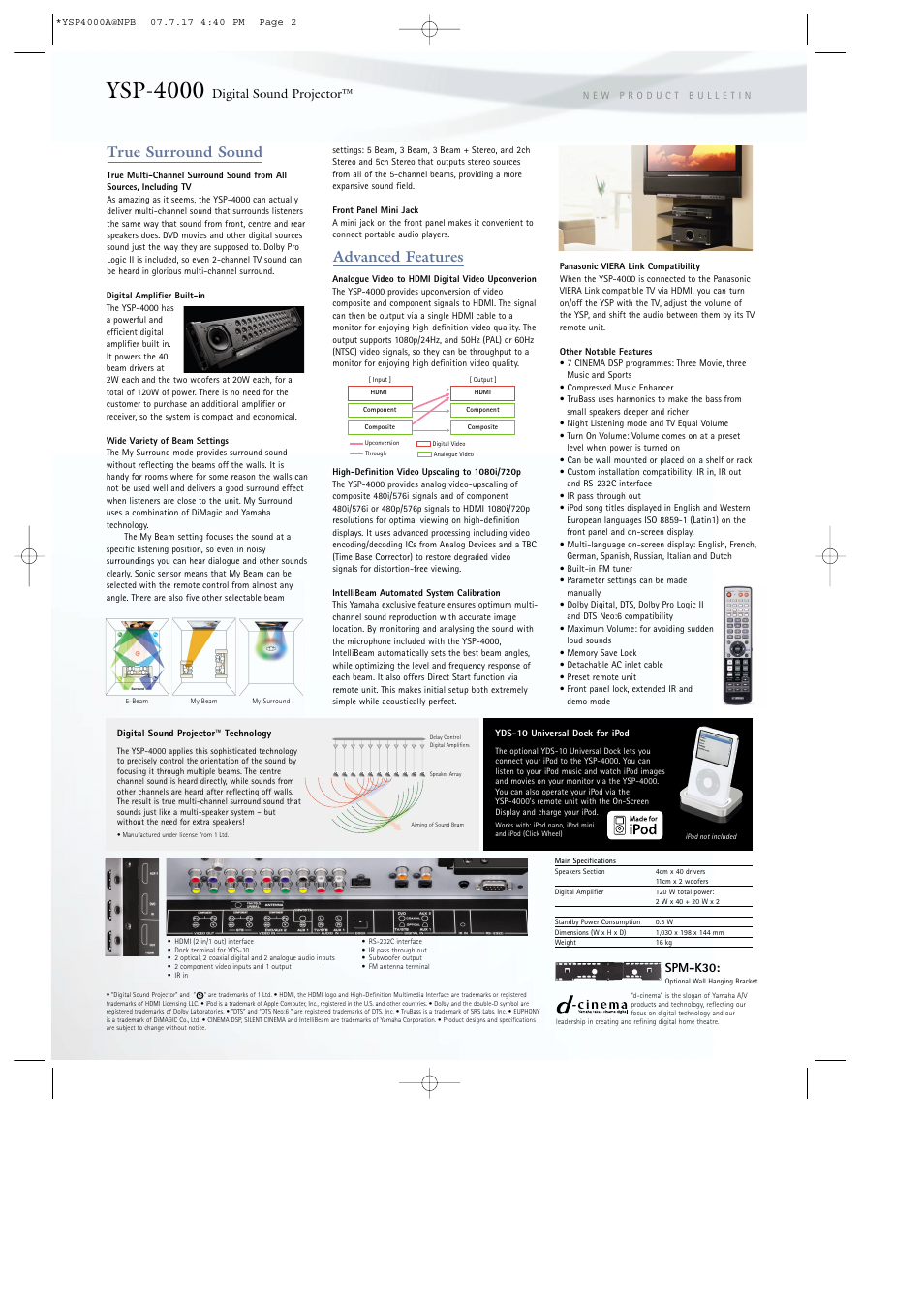 Ysp-4000, True surround sound, Advanced features | Digital sound projector, Spm-k30 | Yamaha YSP-4000 User Manual | Page 2 / 2