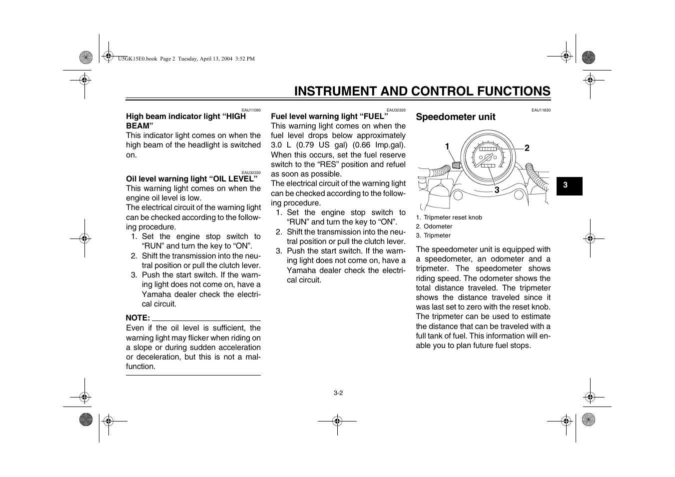 Speedometer unit -2, Instrument and control functions | Yamaha VMX EAU10041 User Manual | Page 19 / 101