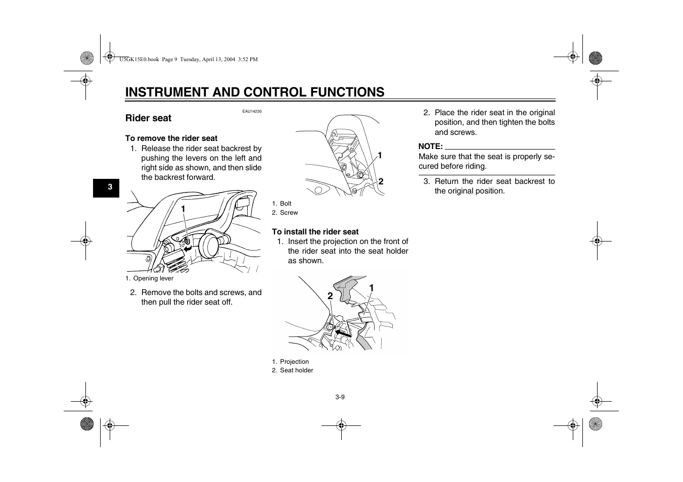 Rider seat -9, Instrument and control functions | Yamaha VMX EAU10041 User Manual | Page 26 / 101