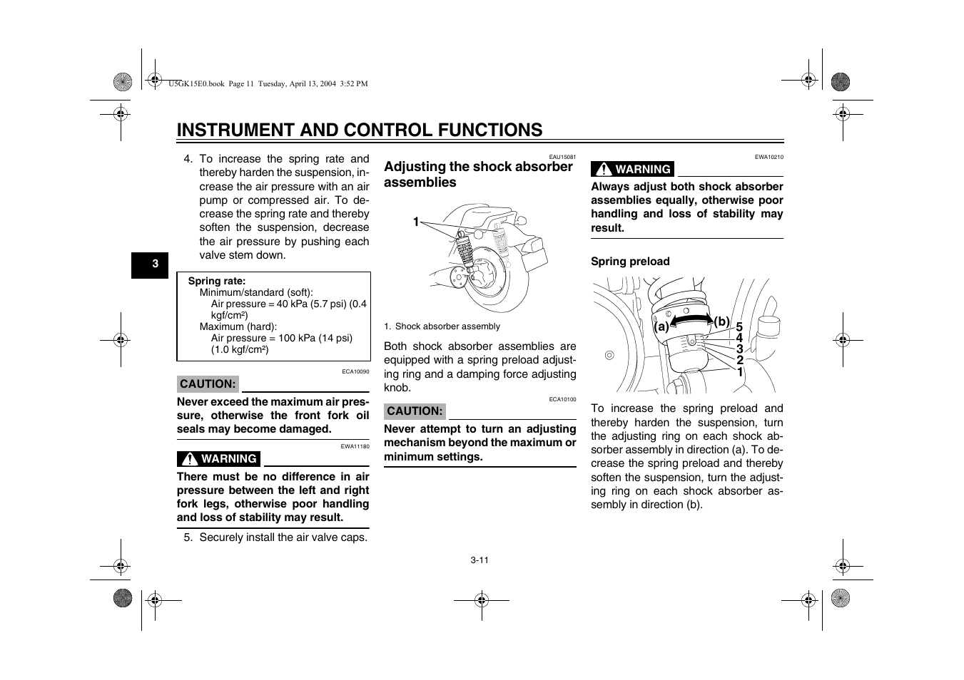 Adjusting the shock absorber assemblies, Adjusting the shock absorber, Assemblies -11 | E 3-11), Instrument and control functions | Yamaha VMX EAU10041 User Manual | Page 28 / 101