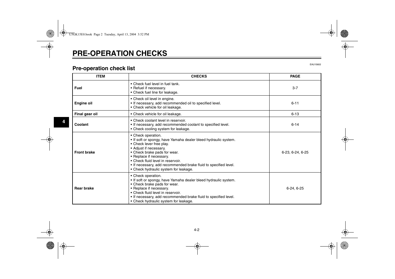 Pre-operation checks, Pre-0peration check list, Pre-operation check list -2 | Pre-operation check list | Yamaha VMX EAU10041 User Manual | Page 34 / 101