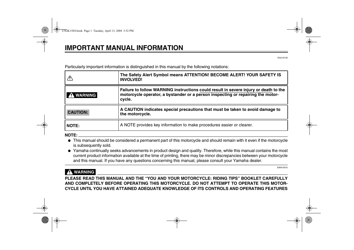 Important manual information | Yamaha VMX EAU10041 User Manual | Page 4 / 101