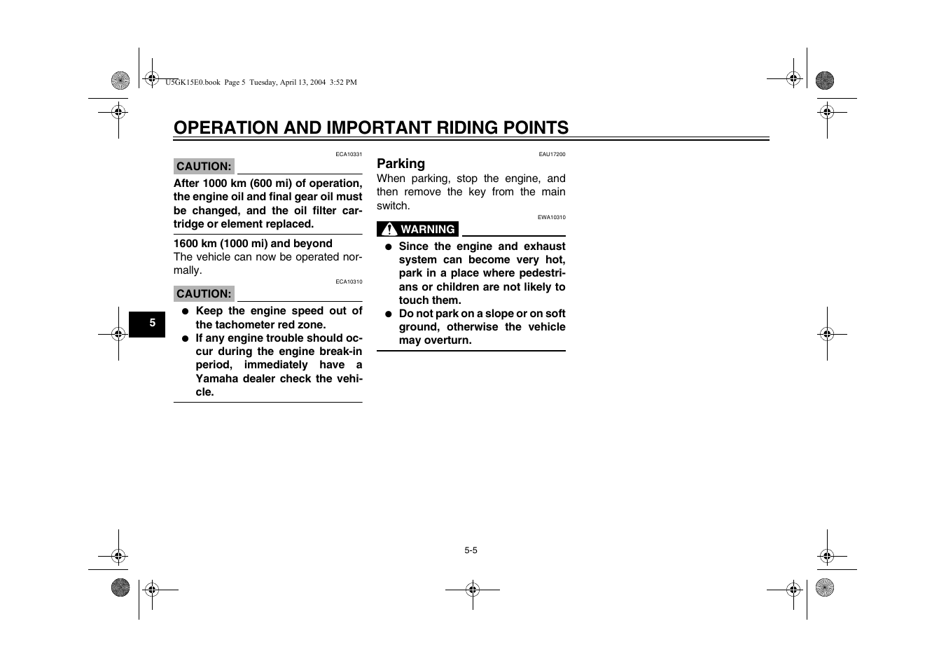 Parking -5, Operation and important riding points, Parking | Yamaha VMX EAU10041 User Manual | Page 40 / 101