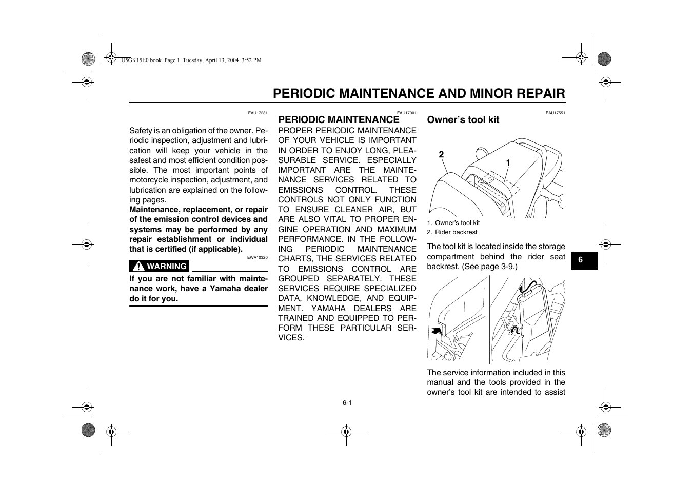 Periodic maintenance and minor repair, Owner's tool kit, Periodic maintenance -1 owner’s tool kit -1 | Yamaha VMX EAU10041 User Manual | Page 41 / 101