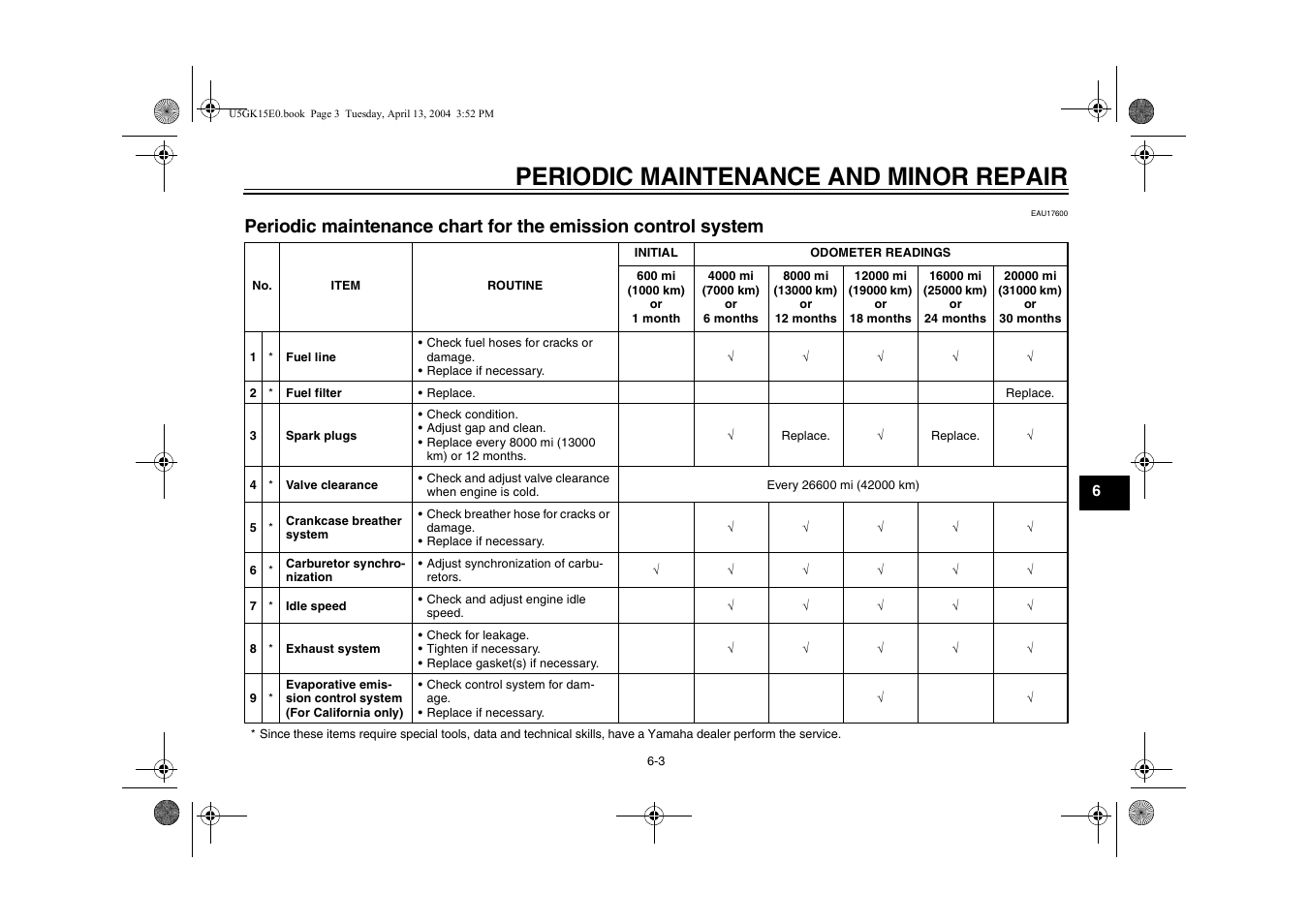 Periodic maintenance chart for the, Emission control system -3, Periodic maintenance and minor repair | Yamaha VMX EAU10041 User Manual | Page 43 / 101