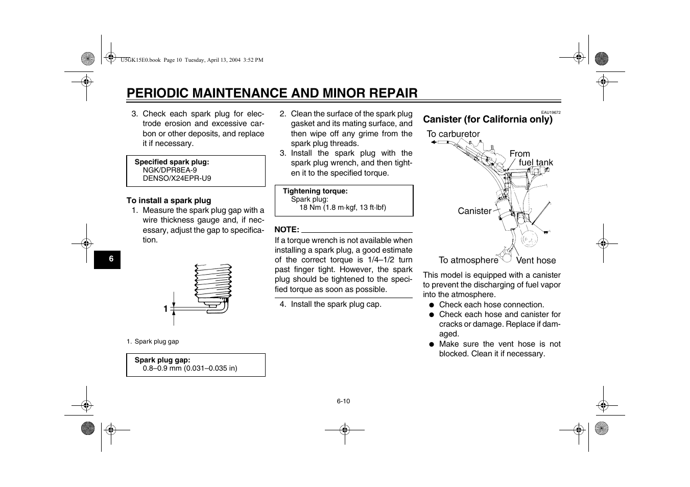 Canister (for california only) -10, Periodic maintenance and minor repair | Yamaha VMX EAU10041 User Manual | Page 50 / 101