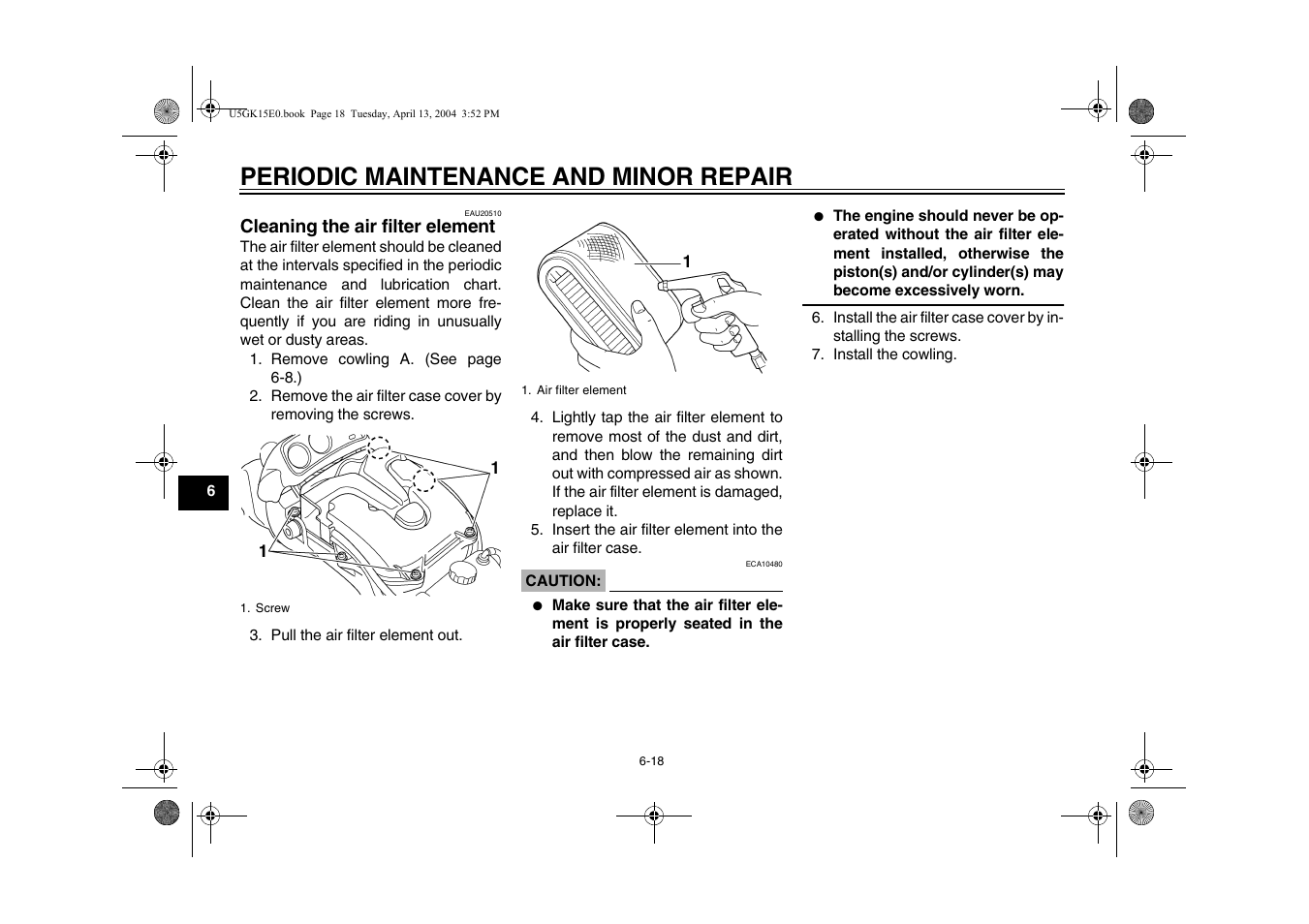 Cleaning the air filter element -18, Periodic maintenance and minor repair | Yamaha VMX EAU10041 User Manual | Page 58 / 101