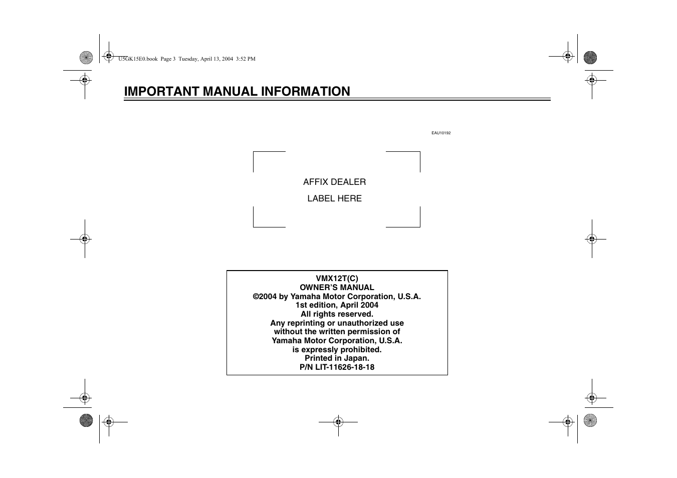 Important manual information | Yamaha VMX EAU10041 User Manual | Page 6 / 101