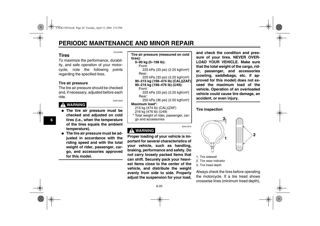 Tires, Tires -20, Periodic maintenance and minor repair | Yamaha VMX EAU10041 User Manual | Page 60 / 101