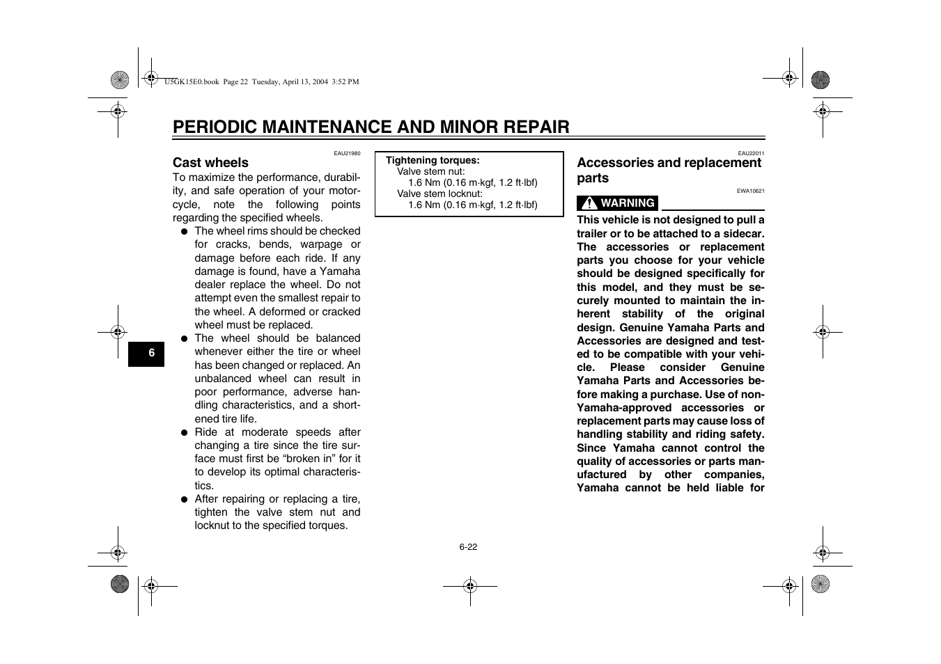 Cast wheels -22 accessories and replacement, Parts -22, Periodic maintenance and minor repair | Yamaha VMX EAU10041 User Manual | Page 62 / 101