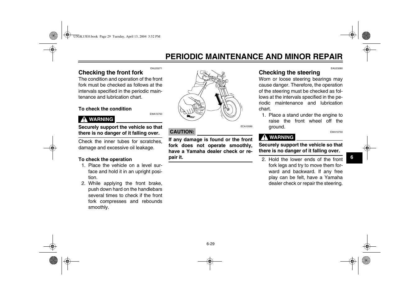 Checking the steering, Periodic maintenance and minor repair | Yamaha VMX EAU10041 User Manual | Page 69 / 101