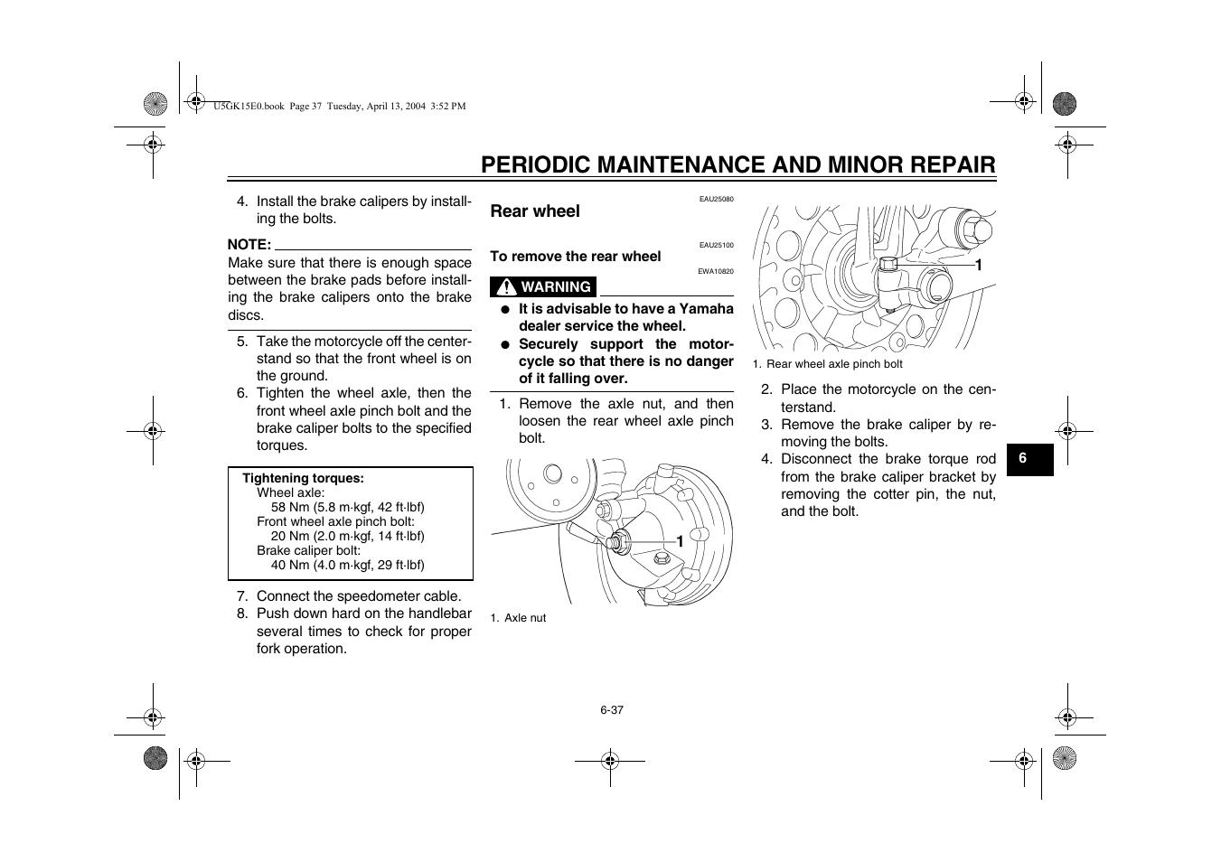 Rear wheel -37, Periodic maintenance and minor repair | Yamaha VMX EAU10041 User Manual | Page 77 / 101