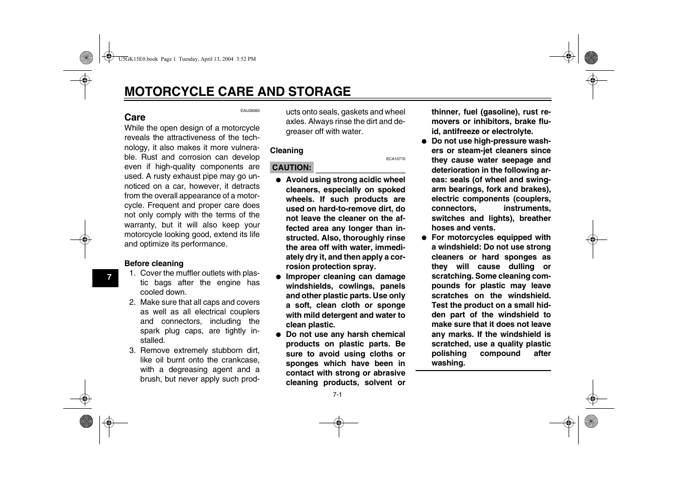 Motorcycle care and storage, Care, Care -1 | Yamaha VMX EAU10041 User Manual | Page 82 / 101