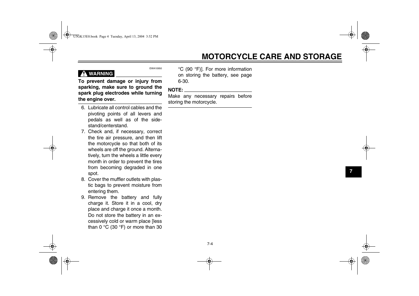 Motorcycle care and storage | Yamaha VMX EAU10041 User Manual | Page 85 / 101