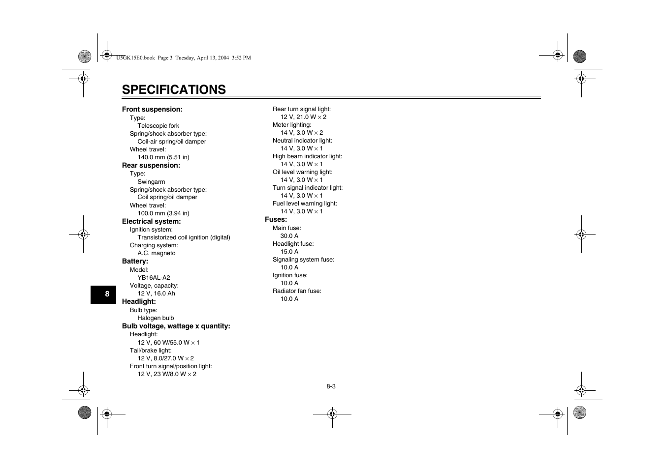 Specifications | Yamaha VMX EAU10041 User Manual | Page 88 / 101