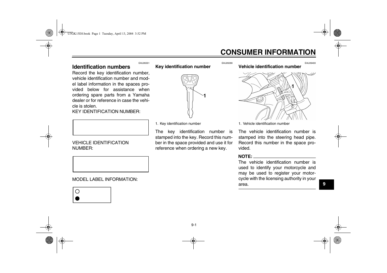 Consumer information, Identification numbers, Vehicle identification number | Identification numbers -1 | Yamaha VMX EAU10041 User Manual | Page 89 / 101