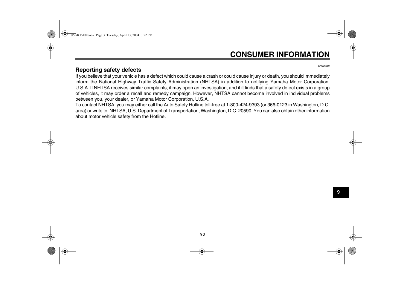 Reporting safety defects, Reporting safety defects -3, Consumer information | Yamaha VMX EAU10041 User Manual | Page 91 / 101