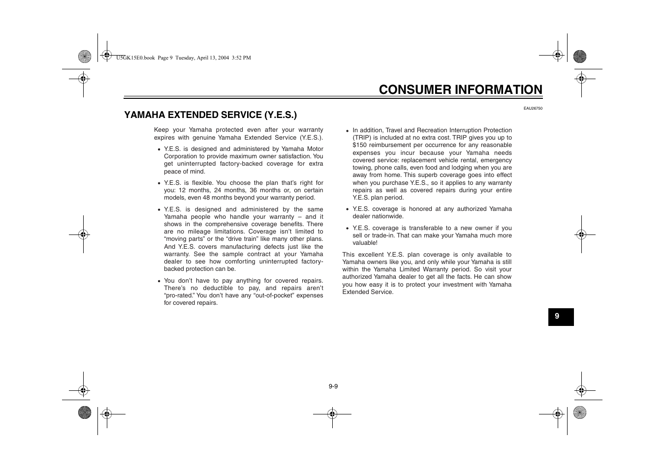 Yamaha extended service (y.e.s.), Yamaha extended service, Y.e.s.) -9 | Consumer information | Yamaha VMX EAU10041 User Manual | Page 97 / 101