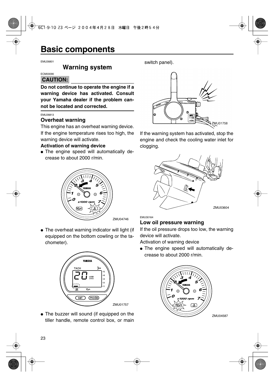 Warning system, Overheat warning, Low oil pressure warning | Basic components | Yamaha T50D User Manual | Page 28 / 79