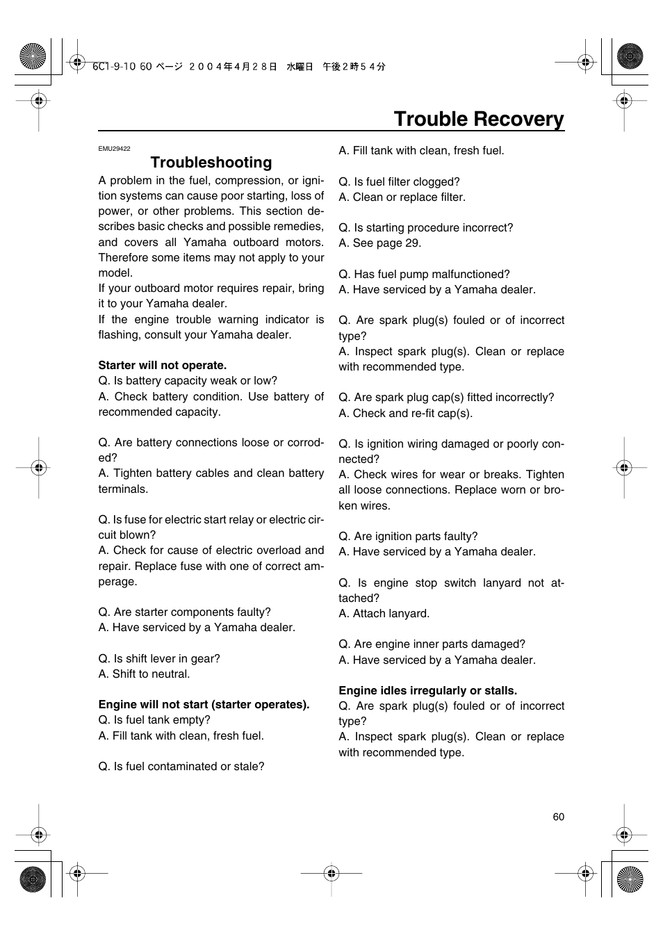 Trouble recovery, Troubleshooting | Yamaha T50D User Manual | Page 65 / 79