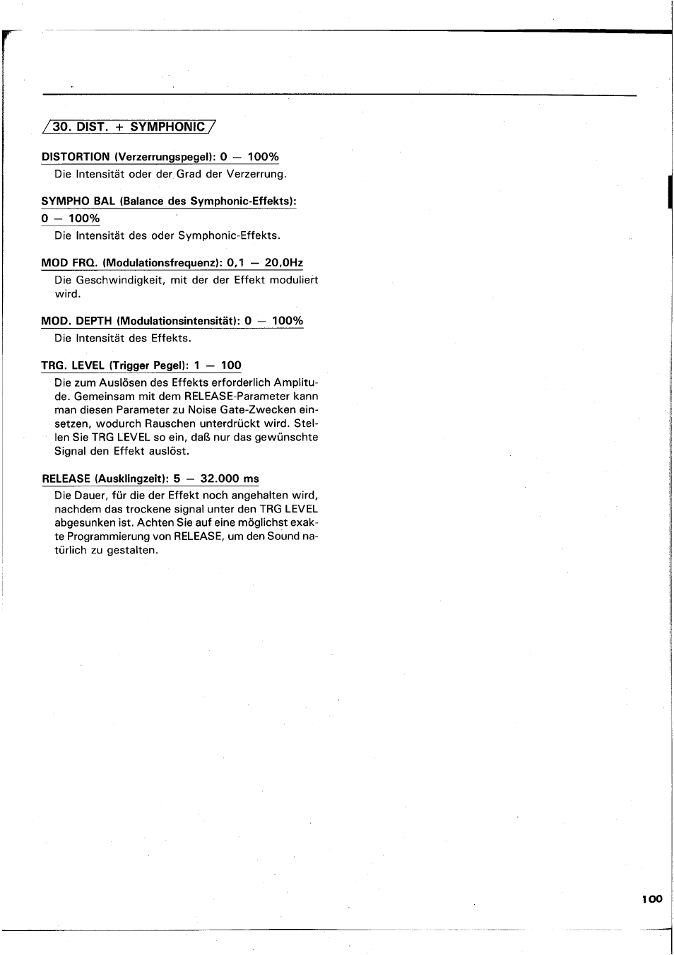 Distortion (verzerrungspegel): 0 - 100, Mod frq. (modulationsfrequenz): 0,1 — 20,0hz, Mod. depth (modulationsintensität): 0 — 100 | Trg. level (trigger pegel): 1 - 100, Release (ausklingzeit): 5 — 32.000 ms | Yamaha REX50 User Manual | Page 101 / 115