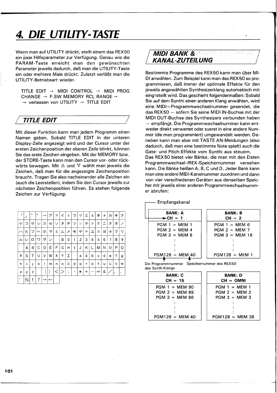 Die utility-taste, Title edit, Midi bank & kanal-zuteilung | Yamaha REX50 User Manual | Page 102 / 115