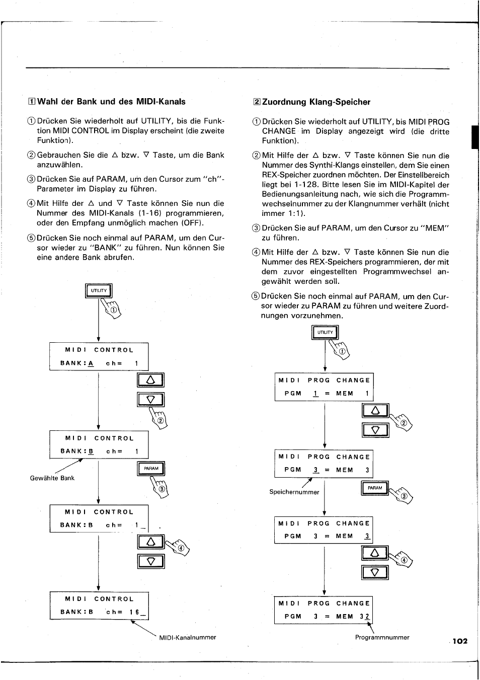 Uwahl der bank und des midi-kanals, 2] zuordnung klang-speicher | Yamaha REX50 User Manual | Page 103 / 115