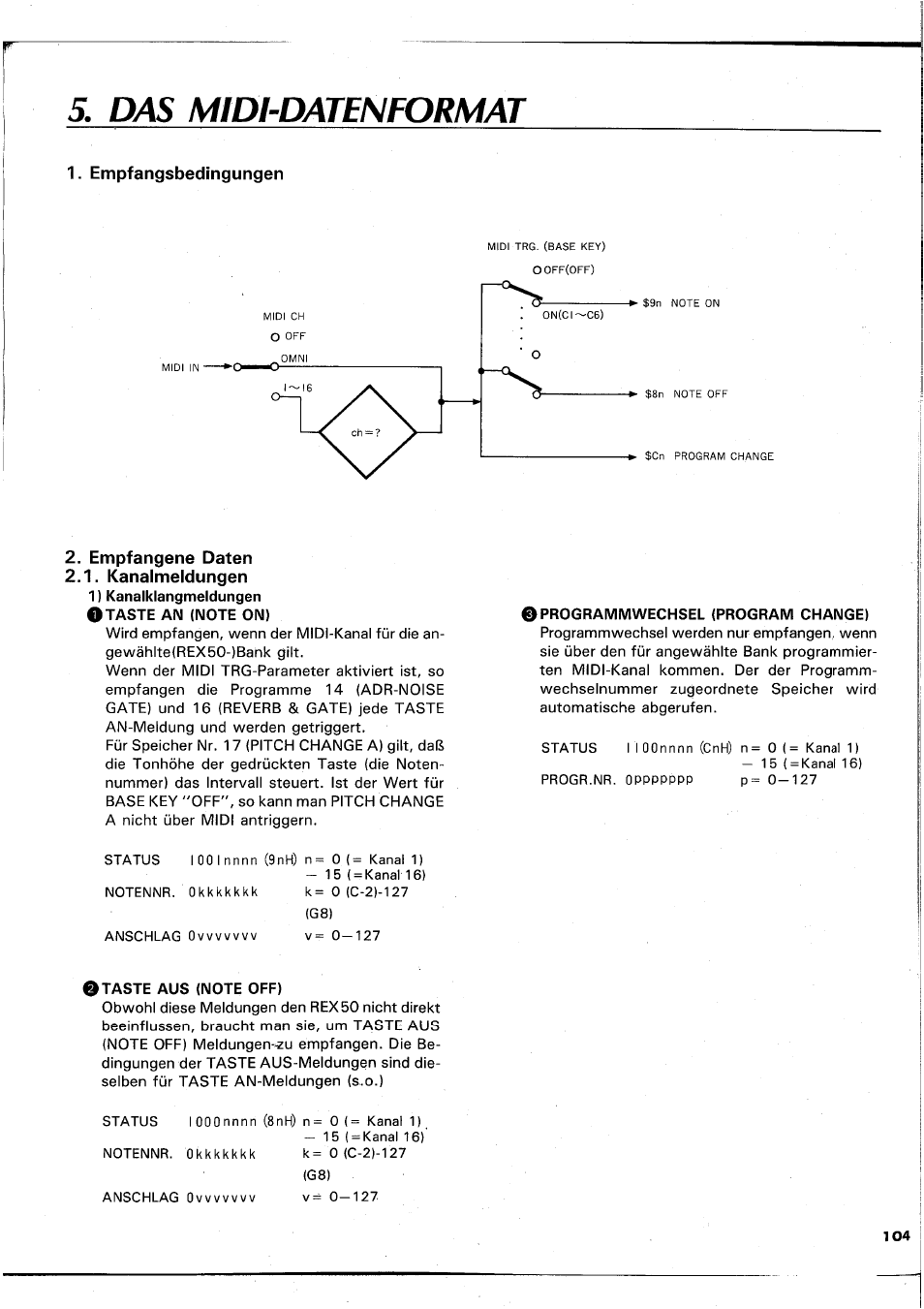 Das mtdi-datenformat, O taste aus (note off), Programmwechsel (program change) | Das midi-datenformat | Yamaha REX50 User Manual | Page 105 / 115