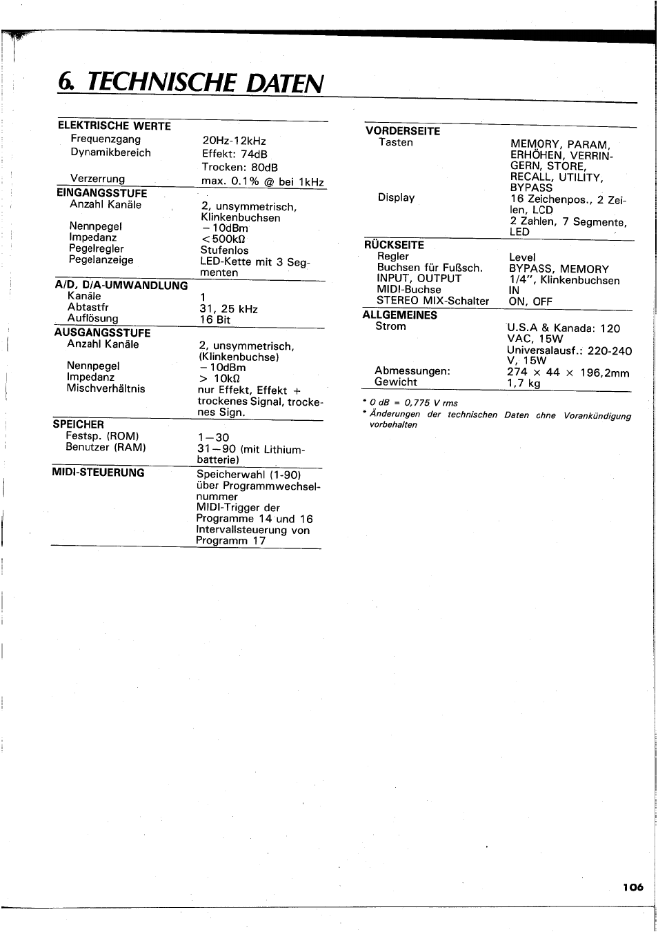 Technische daten | Yamaha REX50 User Manual | Page 107 / 115