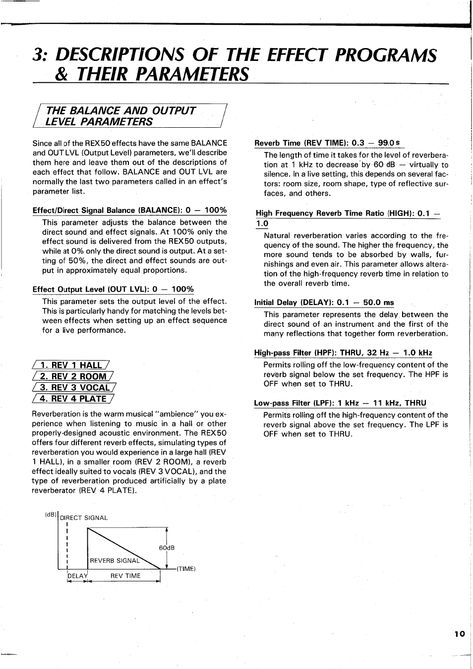 Rev 2 room, Rev 3 vocal, Rev 4 plate | High frequency reverb time ratio (high): 0.1, High-pass filter (hpf): thru, 32 hz - 1.0 khz, The balance and output ¡_t^yel^aramet | Yamaha REX50 User Manual | Page 11 / 115